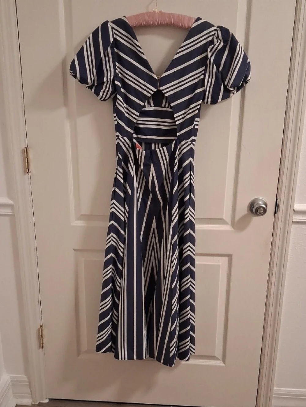 kate spade Navy and White Striped V‑Neck Midi Dress with Puff Sleeves